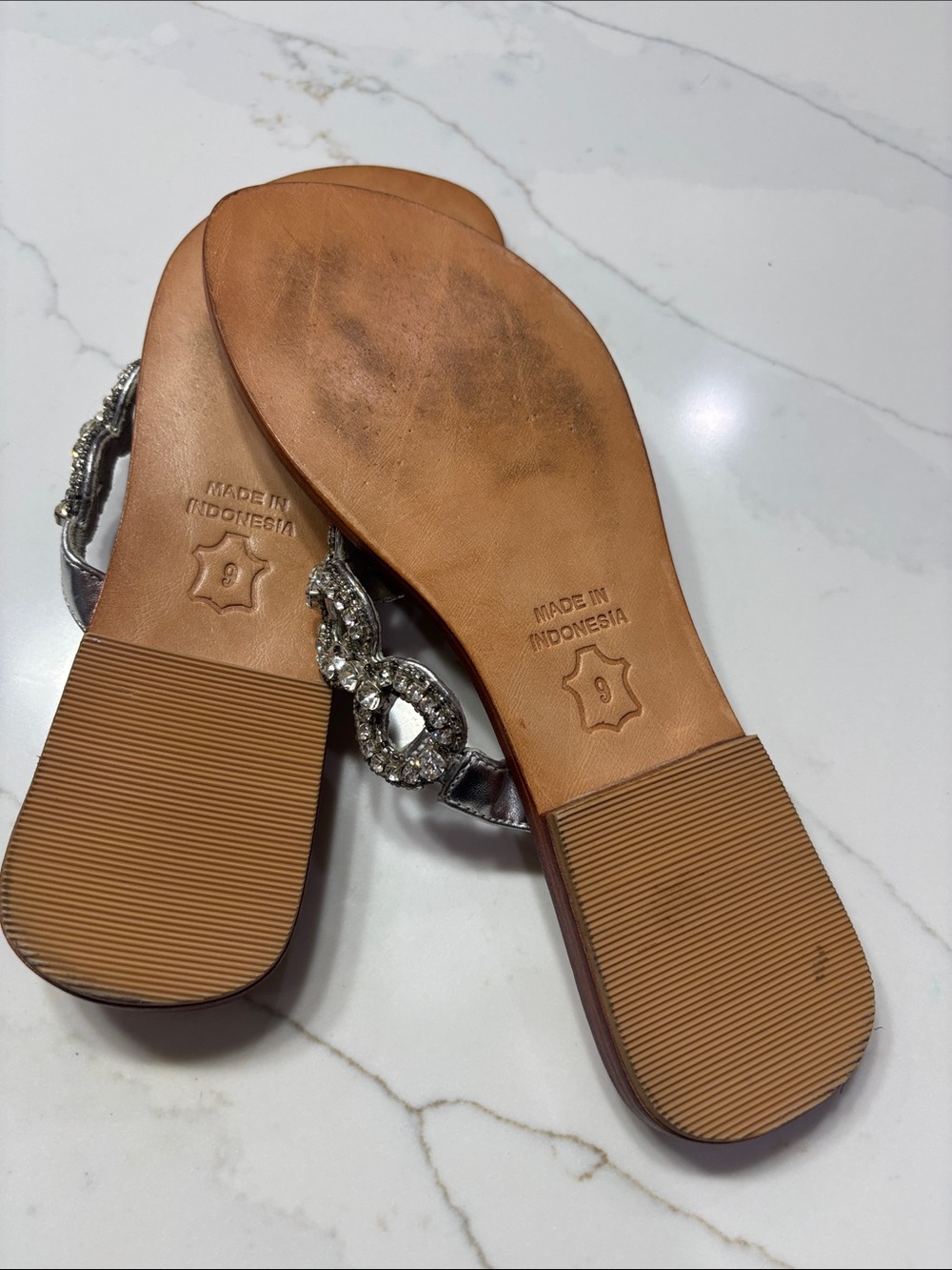 Tommy Bahama Silver Beaded T-Strap Sandals with Brown Footbed - Picture 10 of 12